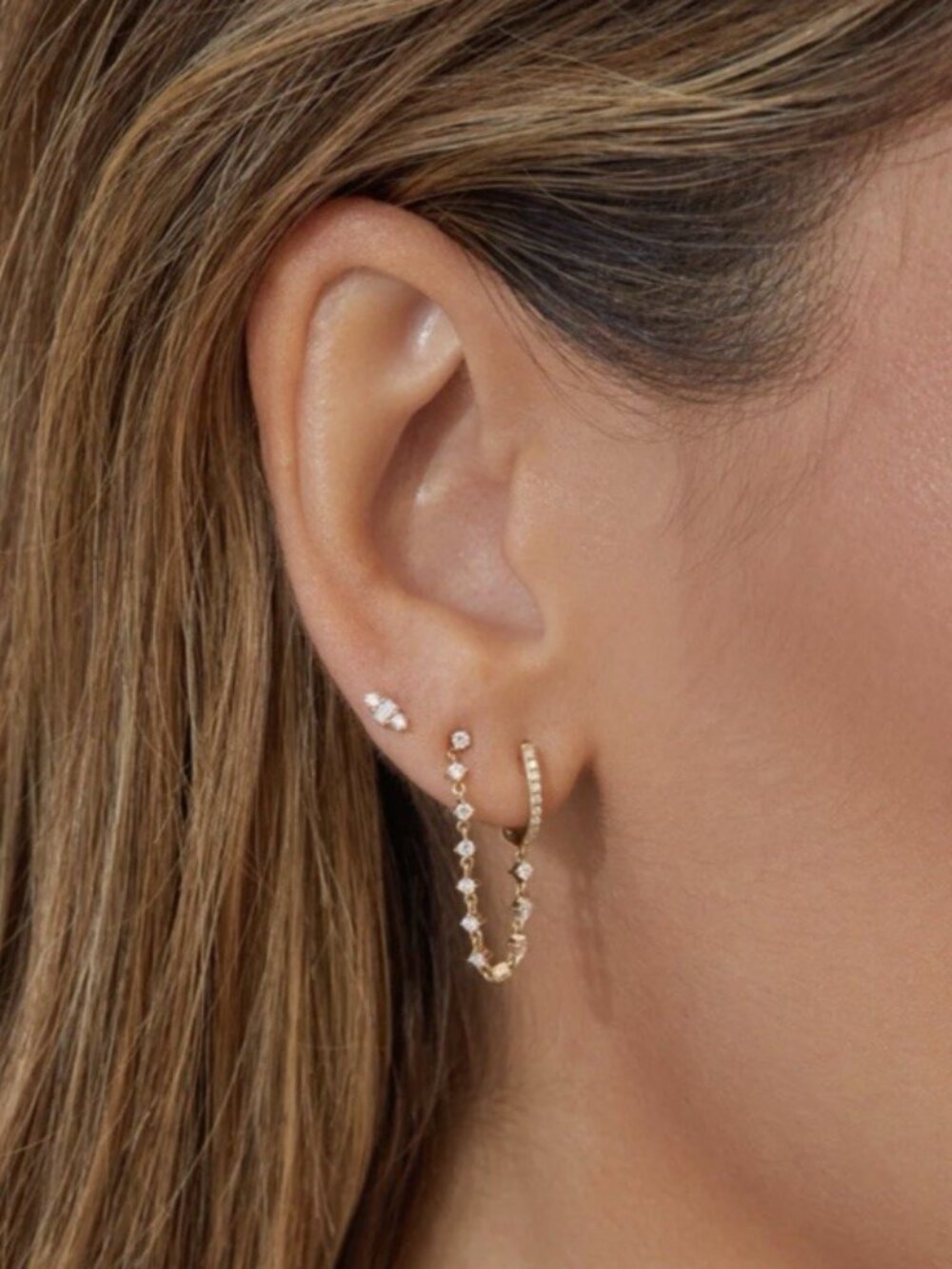 EF Collection Diamond Mini Huggie & Prong Set Chain Stud Earring In 14K YG